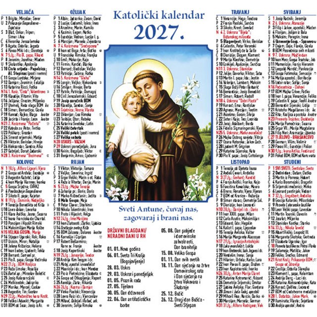 Jednolistni katolički kalendar 2027.